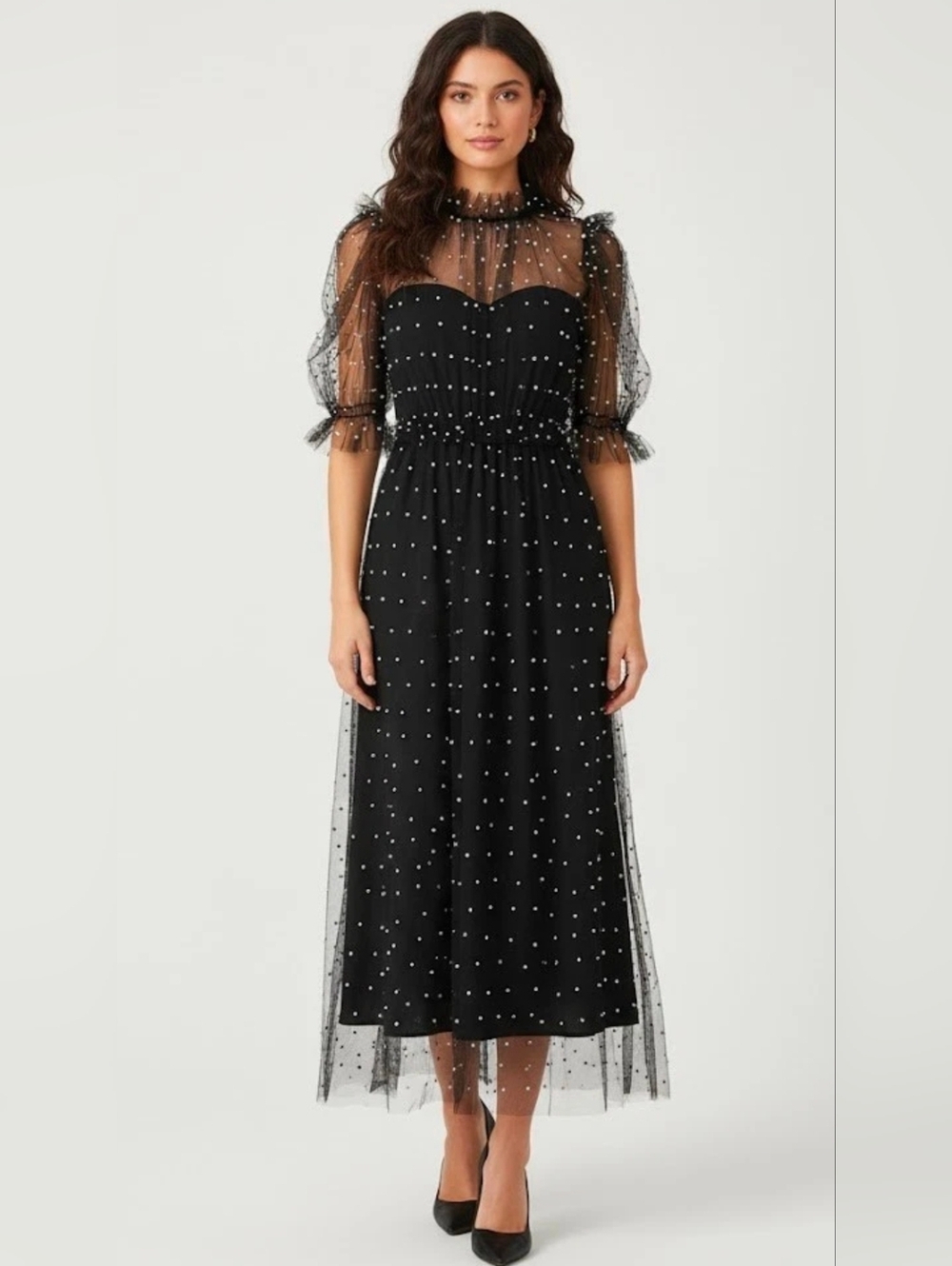NWT Hunter Bell Bennett in Black Pearl Embellished Mesh Tulle Maxi Dress 12